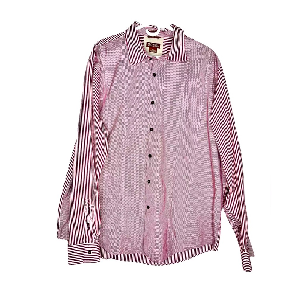 Michael Kors Men's Stripe Button Up Shirt 2 ply Cotton -Crimson/Cream Size XxL